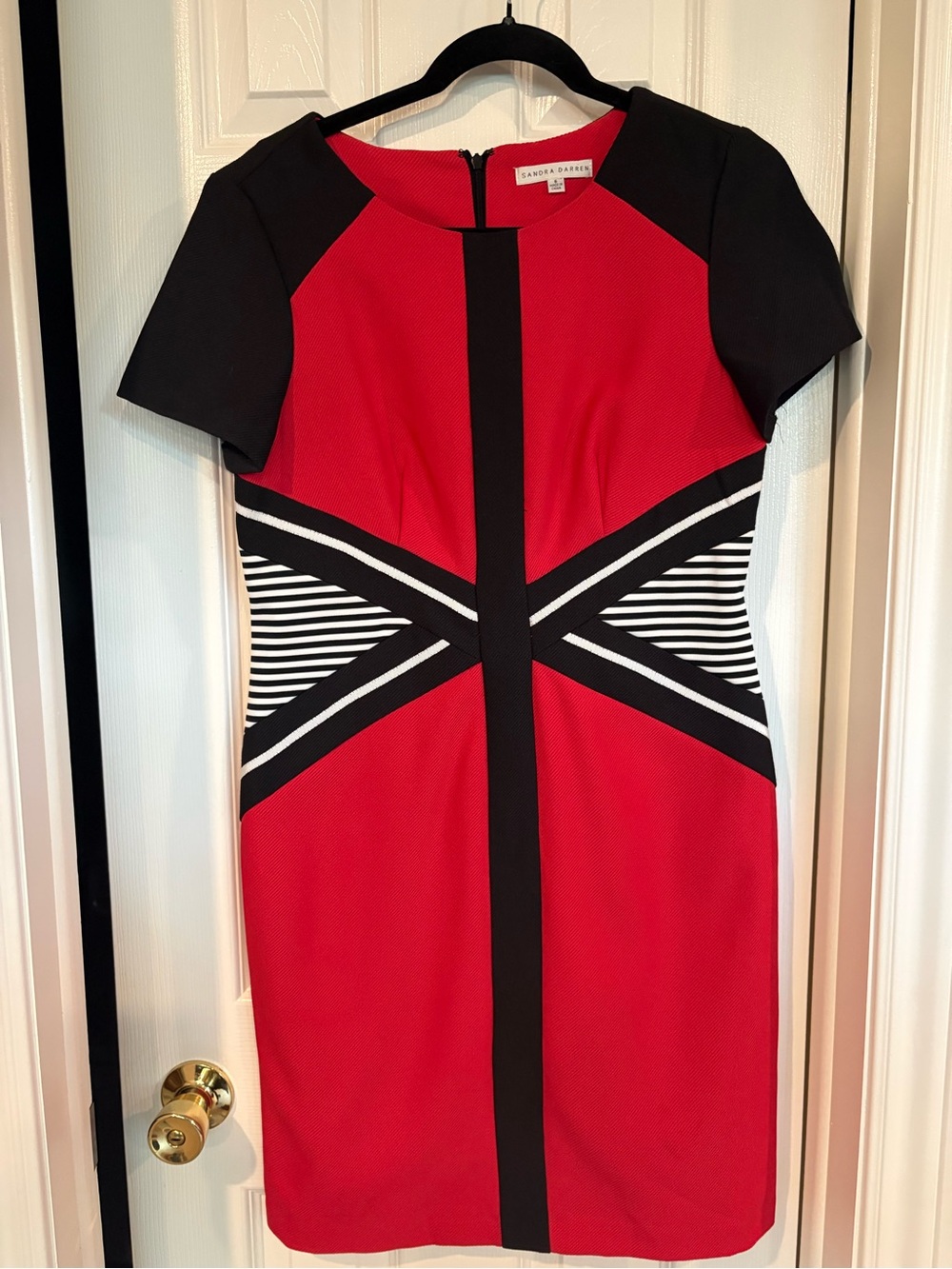 Sandra Darren Red Dress with Black & White Geometric Accents